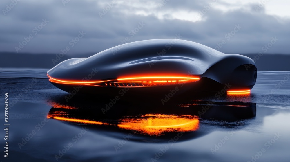 A sleek, futuristic vehicle with glowing orange accents on a reflective surface. A sleek, futuristic vehicle with glowing orange accents on a reflective surface.