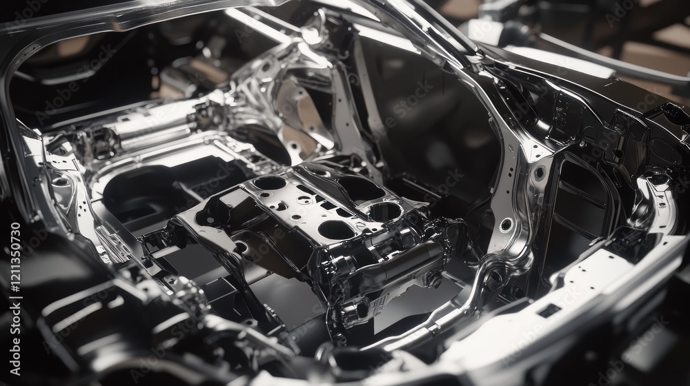 A detailed view of a shiny, metallic car chassis showcasing its structural components. A detailed view of a shiny, metallic car chassis showcasing its structural components.