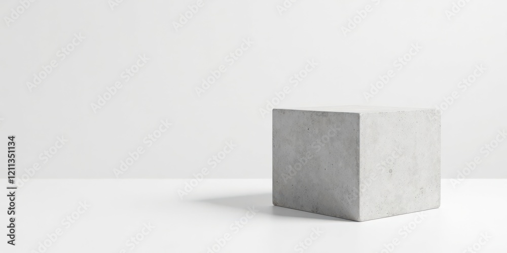 A simple gray concrete cube rests on a white surface against a bright white background, offering a clean and minimalist aesthetic for product display or design concepts. A simple gray concrete cube rests on a white surface against a bright white background, offering a clean and minimalist aesthetic for product display or design concepts.