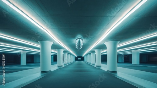 A modern underground parking garage illuminated with bright blue lights and white pillars.