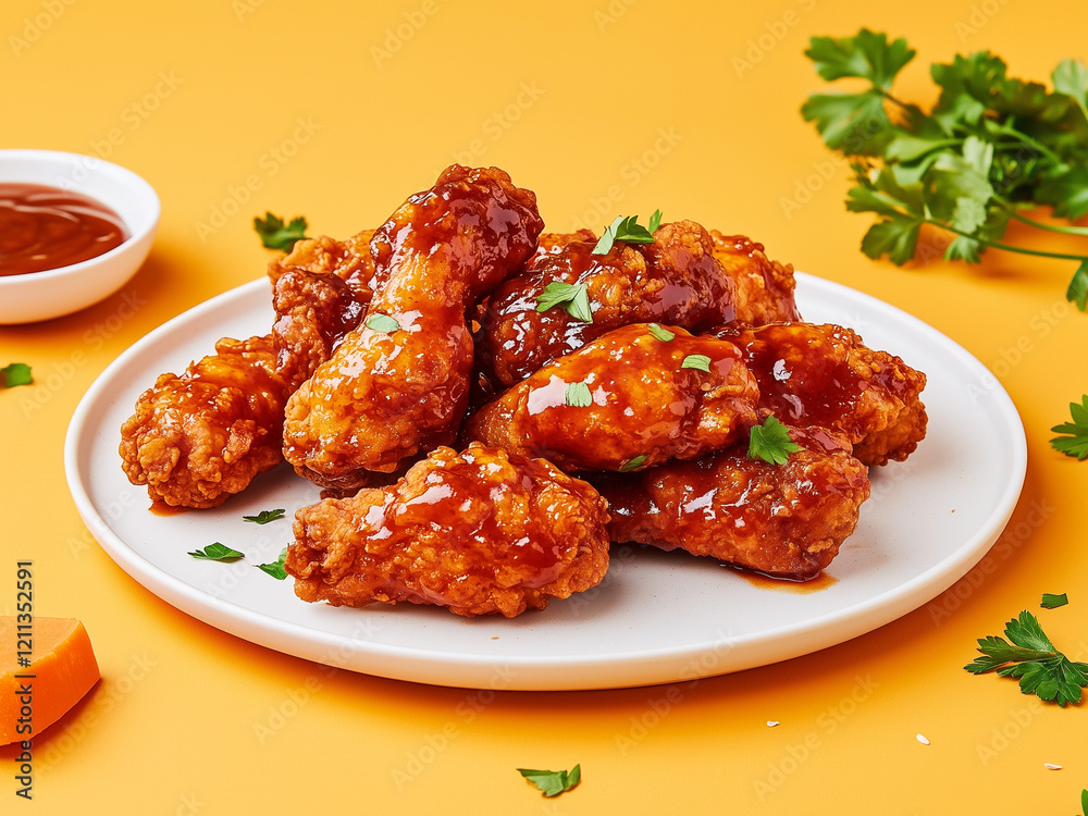 Crispy fried chicken with bbq sauce, korean spicy fried chicken, spicy sour fried chicken, spicy chicken wings. Crispy fried chicken with bbq sauce, korean spicy fried chicken, spicy sour fried chicken, spicy chicken wings.