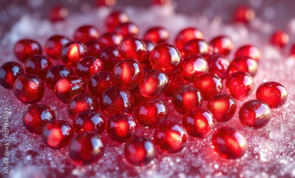 Vibrant red spheres on sparkling surface Vibrant red spheres on sparkling surface
