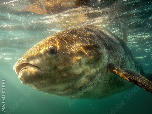 sunfish swimming gracefully underwater, its large, disc-shaped body catching the light in captivating ways. photo