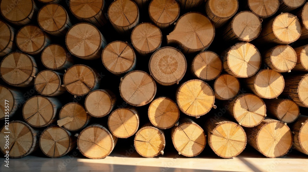 A Stack of Round Logs, Showing Natural Wood Grain and Sunlight Shadows, Exhibits a Textured Pattern of Circular Cross-Sections A Stack of Round Logs, Showing Natural Wood Grain and Sunlight Shadows, Exhibits a Textured Pattern of Circular Cross-Sections