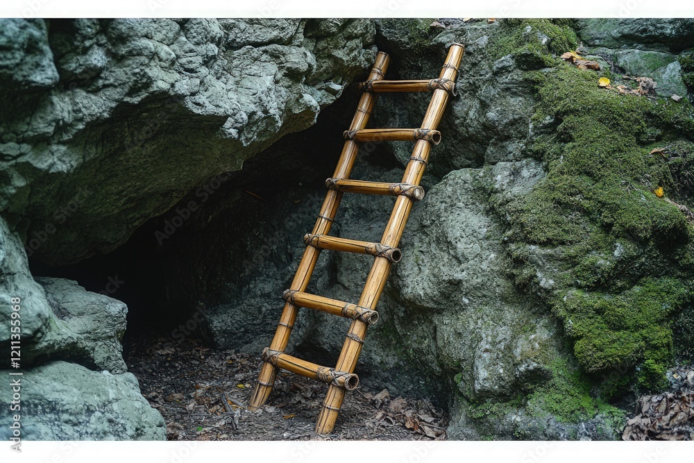 Bamboo ladder leans against mossy rocks, cave entrance. Bamboo ladder leans against mossy rocks, cave entrance.