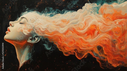 Woman with fiery orange and white hair flowing