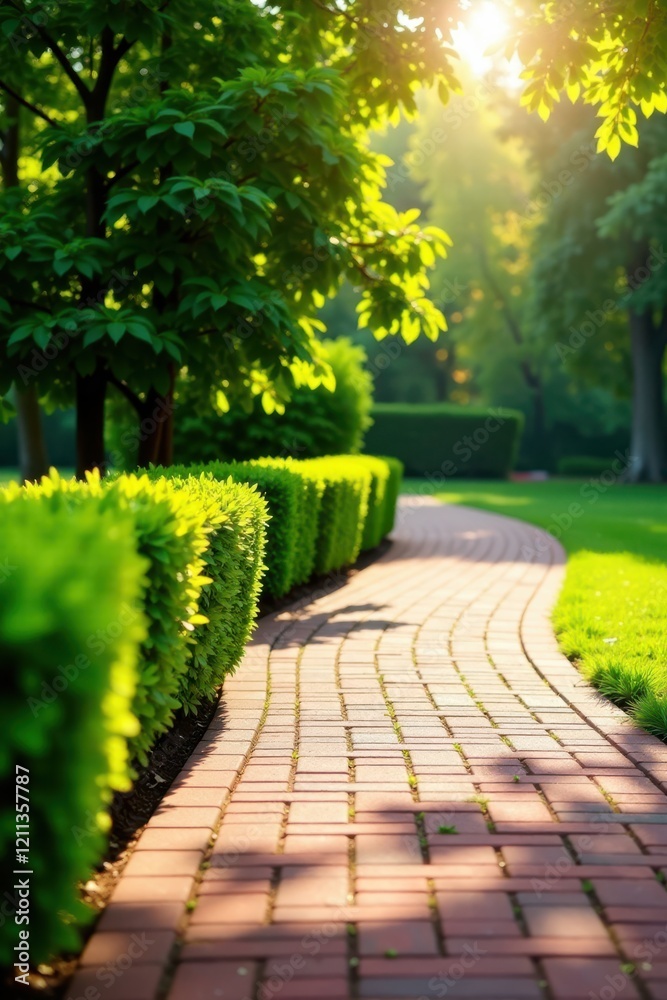 Obraz premium Serene Garden Path Sunlit Brick Walkway Meandering Through Lush Green Hedges and Trees on a Summer Day