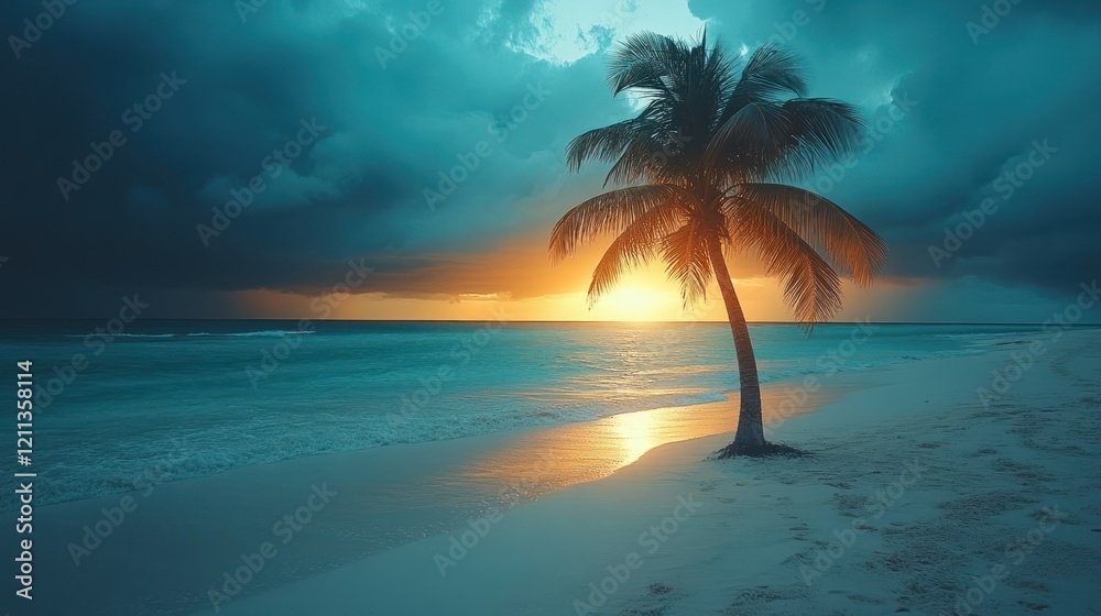 Fototapeta premium Solitary Palm Tree at Sunset on Tropical Beach