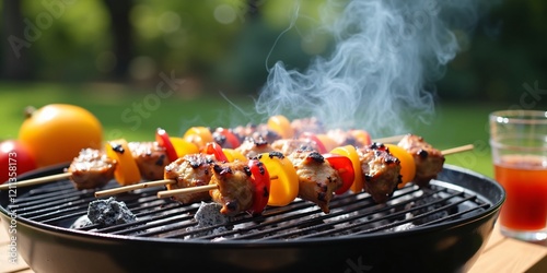 Backyard Barbecue with Grilled Chicken Skewers, Bell Peppers, and Onions in Sunny Garden photo