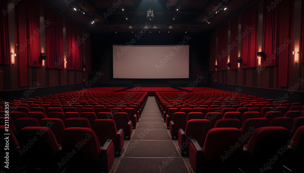Obraz premium Empty red seats in a large movie theater with a blank screen.