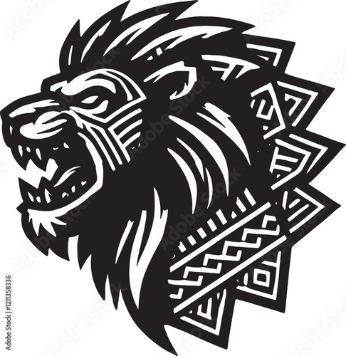 A fierce roaring lion head adorned with intricate tribal and geometric patterns