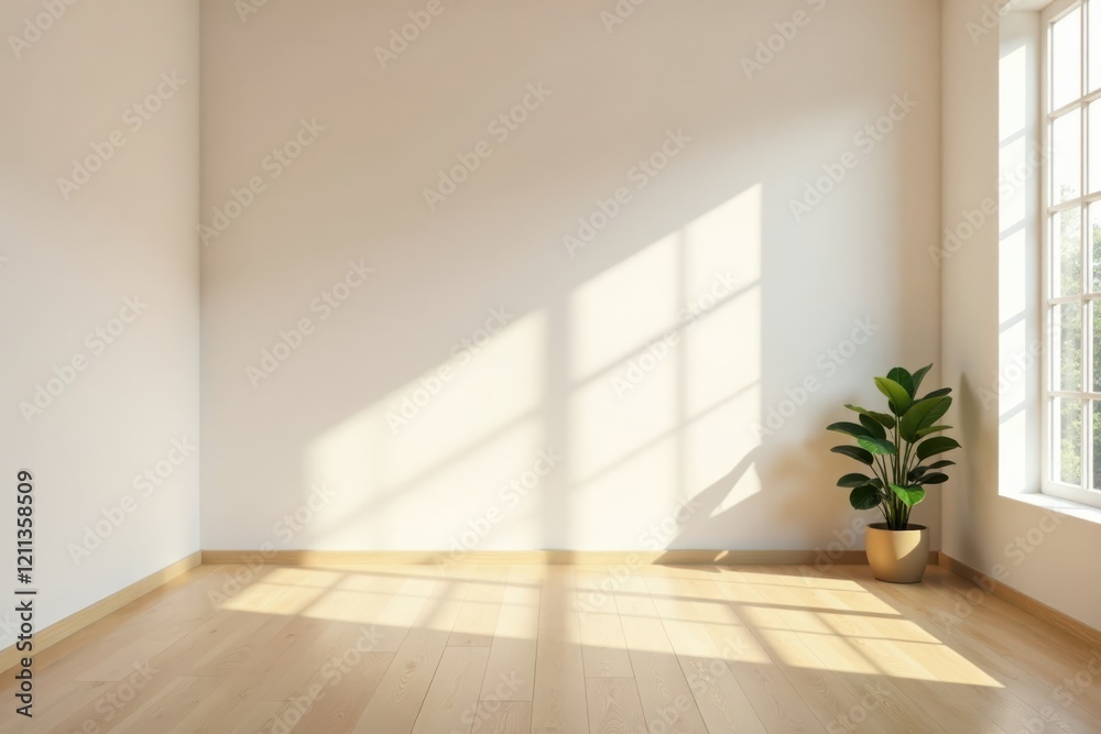 Sunlight Illuminates Empty Room with Light Hardwood Floor and Single Potted Plant Sunlight Illuminates Empty Room with Light Hardwood Floor and Single Potted Plant