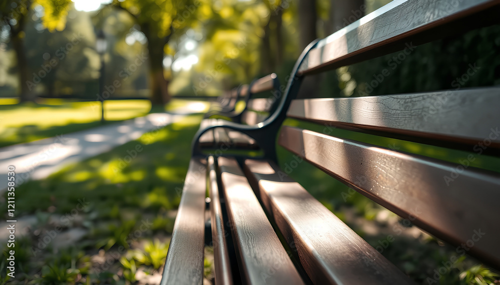 Close-Up of Park Bench in Sunlit Natural Green Outdoor Setting Close-Up of Park Bench in Sunlit Natural Green Outdoor Setting