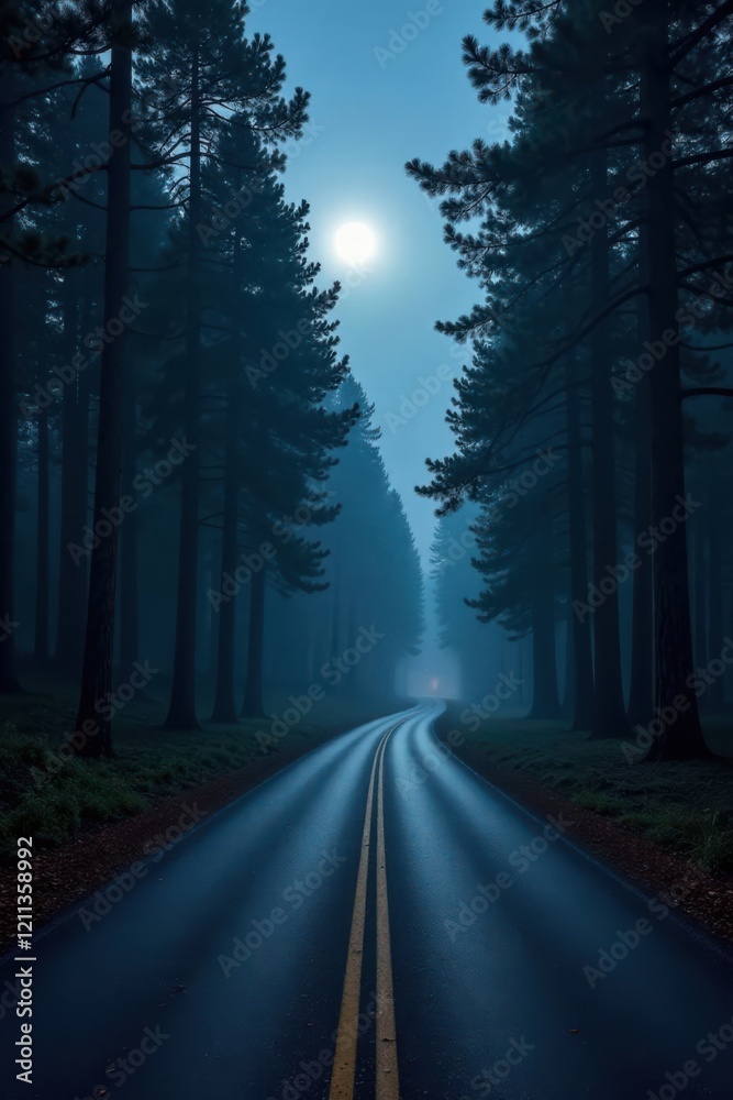 Obraz premium Serene Night Road Winding Through an Enchanting Forest Under a Full Moon's Gentle Glow