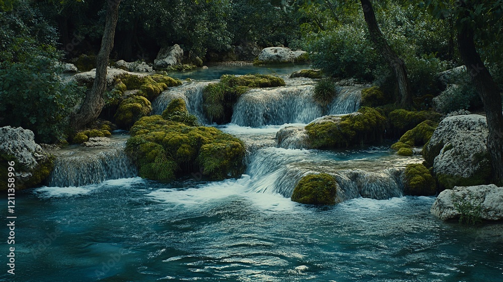 Naklejka premium Serene cascading waters flow through lush greenery in a tranquil natural setting during the daytime. Generative AI