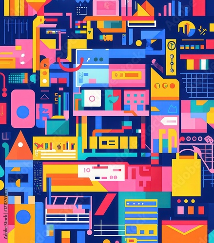 colorful flat illustration of the online shopping process, emphasizing e-commerce, flash sale events, discounts, and cashless payments.