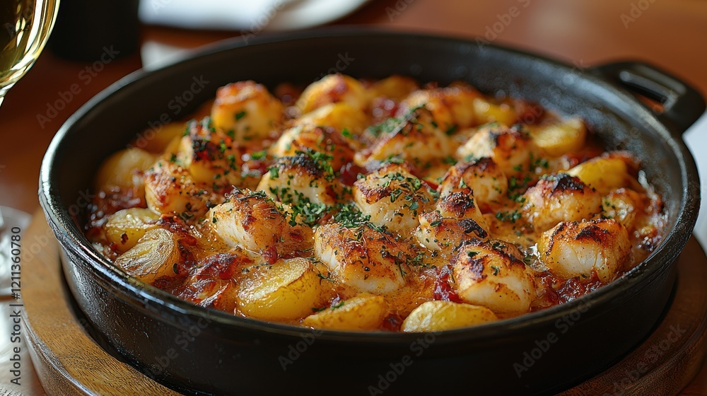 Delicious Scallops and Potatoes Dish in Cast Iron Pan Delicious Scallops and Potatoes Dish in Cast Iron Pan
