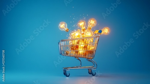 Shopping cart full of light bulbs isolated on blue background