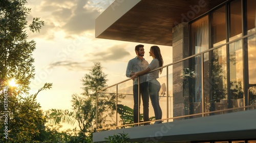 Couple standing on balcony of modern house interior design