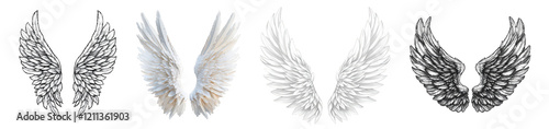 Four artistic representations of angel wings in various styles and colors, showcasing intricate feather details.