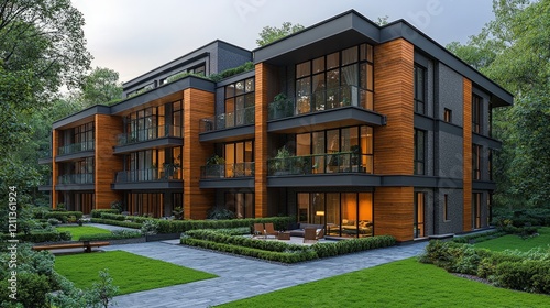 New modern block of flats in green area residential apartment with flat buildings exterior