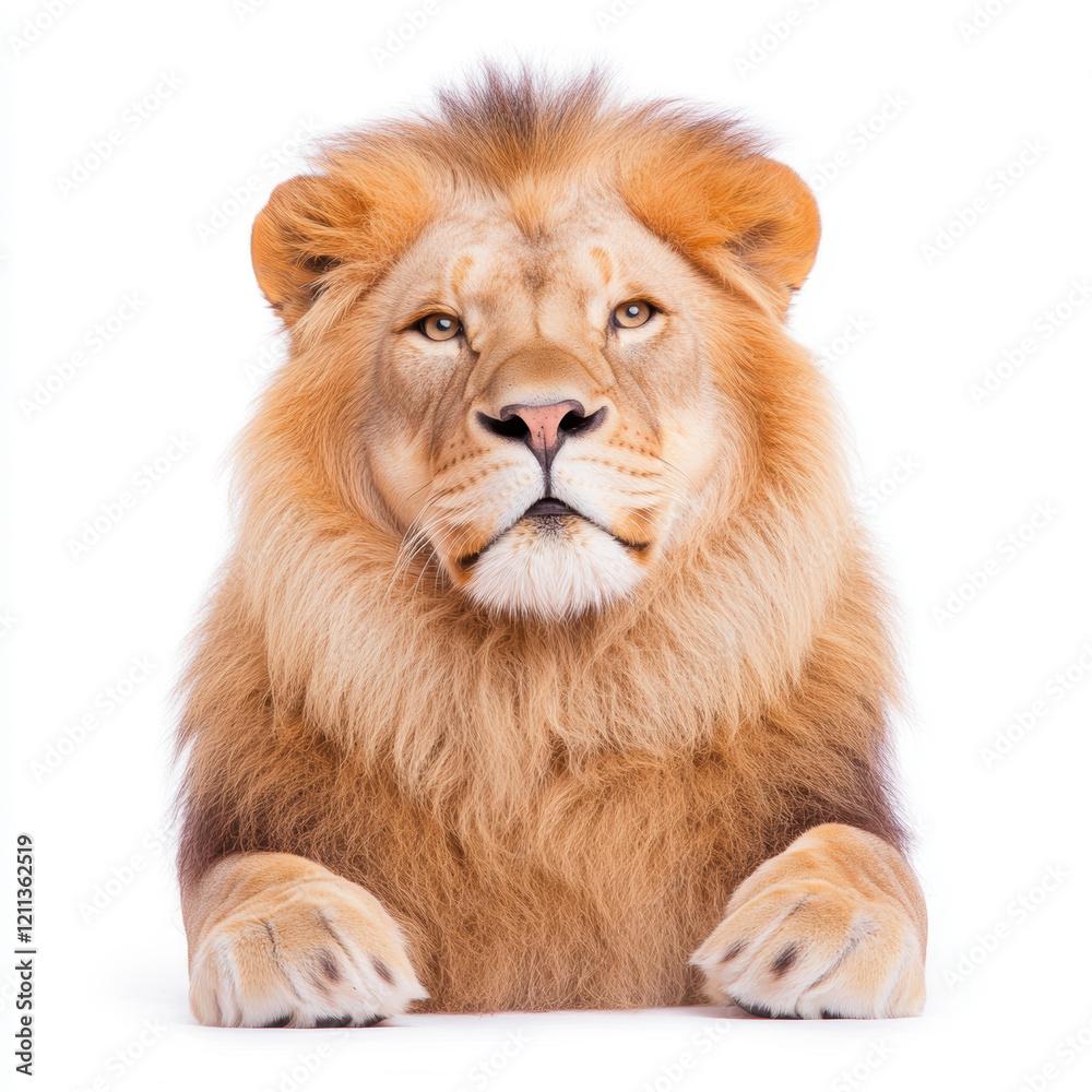 Majestic lion with regal mane resting on white background, close up wildlife portrait, powerful king of the jungle Majestic lion with regal mane resting on white background, close up wildlife portrait, powerful king of the jungle