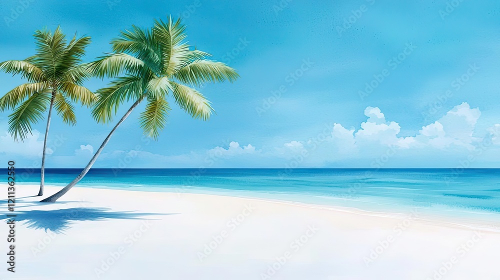 Tropical watercolor idea. A serene beach scene with gentle waves and palm trees under a blue sky. Tropical watercolor idea. A serene beach scene with gentle waves and palm trees under a blue sky.