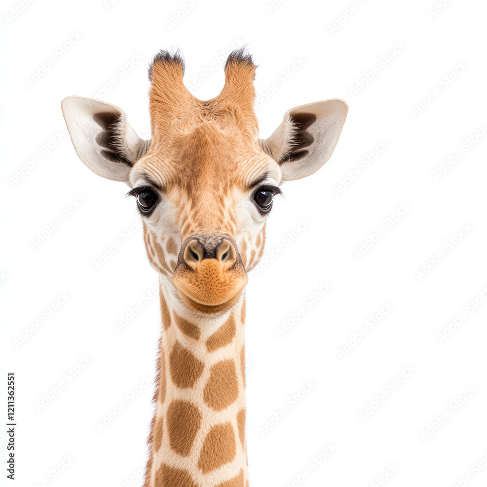 Fototapeta premium Close up of a majestic giraffe with striking patterns and gentle expression on a white background
