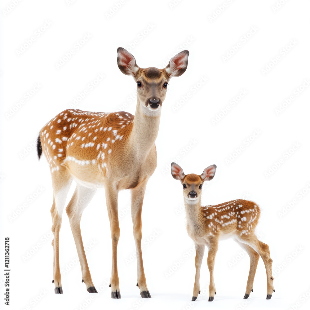 Adorable fawn and doe on white background showcasing wildlife elegance and innocence in nature Adorable fawn and doe on white background showcasing wildlife elegance and innocence in nature