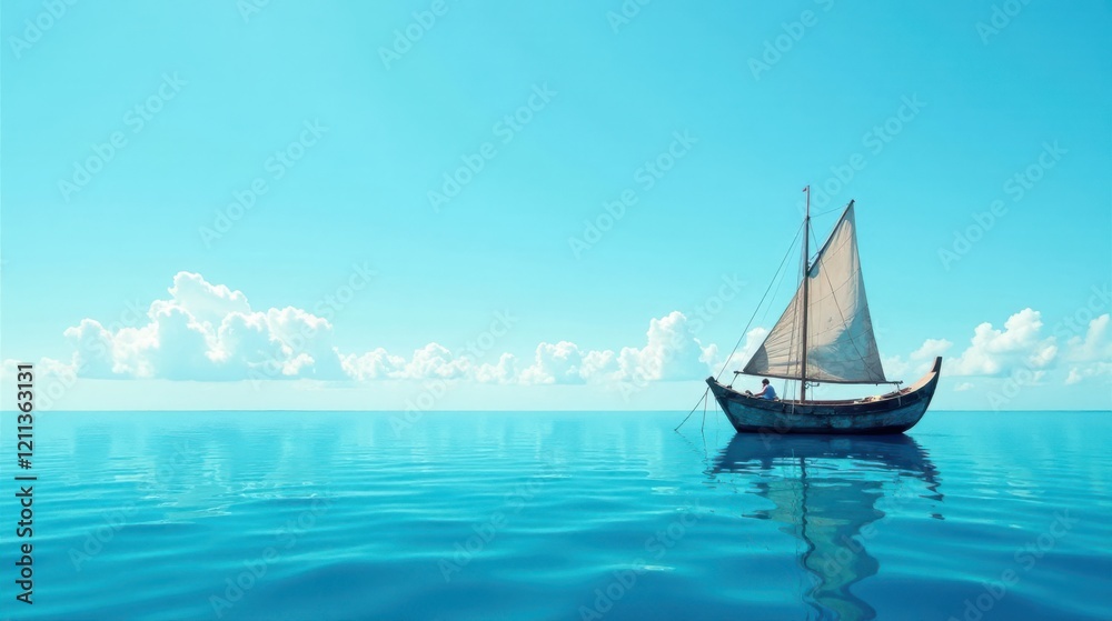 Fototapeta premium Serene sailboat journey across tranquil ocean waters under a vibrant blue sky with fluffy clouds