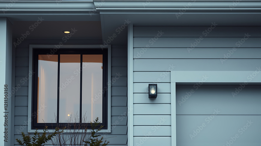 Fototapeta premium Modern Home Exterior at Night: Architectural Design and details of a contemporary house, showcasing its elegant facade, window, door, and garage. Perfect for real estate or architectural websites.