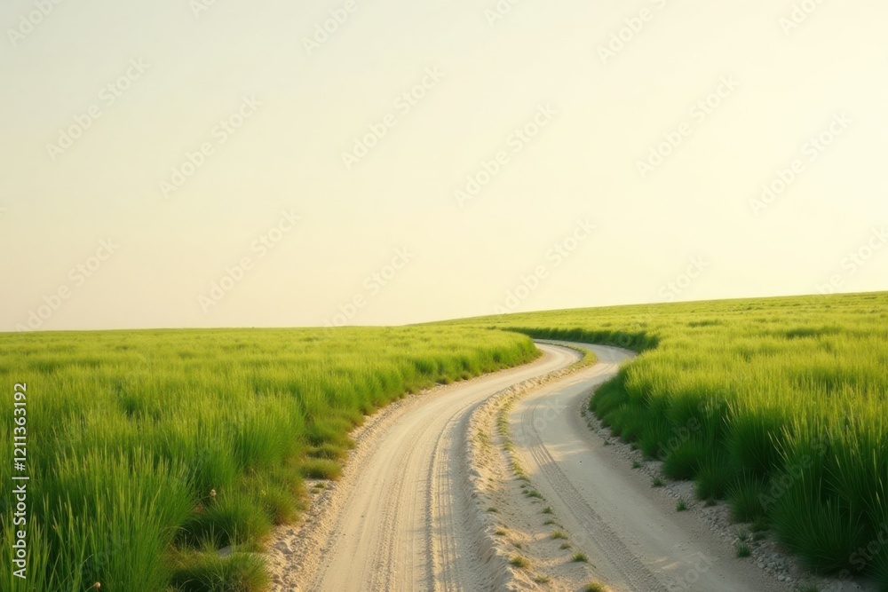 Naklejka premium Serene Meadow Path A Winding Dirt Road Through Lush Green Grass Under a Calm Sky