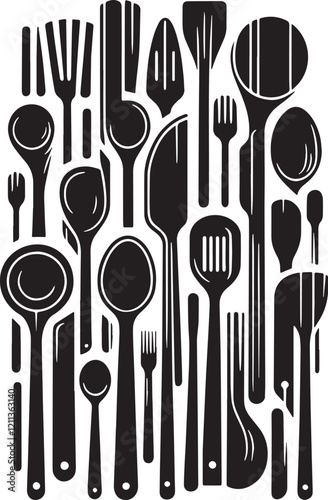Black Color Wooden Spoon Silhouette Vector Illustration, Solid White Background. minimal vector design