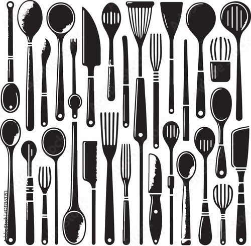 Black Color Wooden Spoon Silhouette Vector Illustration, Solid White Background. minimal vector design