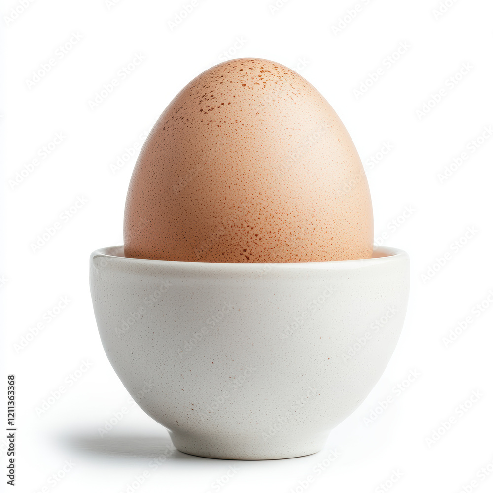 Single brown egg standing upright in smooth white ceramic cup against minimalist background, food concept Single brown egg standing upright in smooth white ceramic cup against minimalist background, food concept