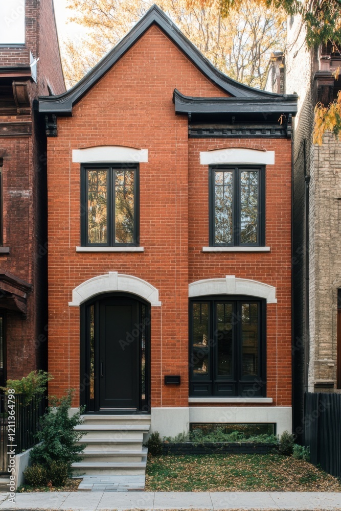 Nestled in a tranquil residential neighborhood, this charming brick house features stylish modern black accents, beautifully highlighting the autumn season's colorful foliage Nestled in a tranquil residential neighborhood, this charming brick house features stylish modern black accents, beautifully highlighting the autumn season's colorful foliage