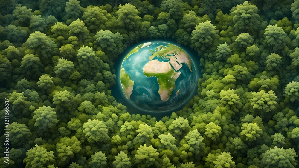 Aerial view of Earth nestled within a lush green forest, symbolizing environmental conservation. Aerial view of Earth nestled within a lush green forest, symbolizing environmental conservation.