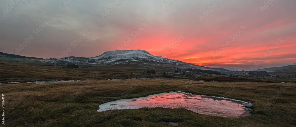 Fototapeta premium Dramatic Sunrise Mountain Landscape Pink Sky Snow capped Peak Reflection Puddle