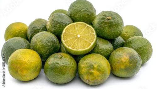A pile of fresh green limes with one sliced lime in the middle, on a white background, isolated, close-up.  photo