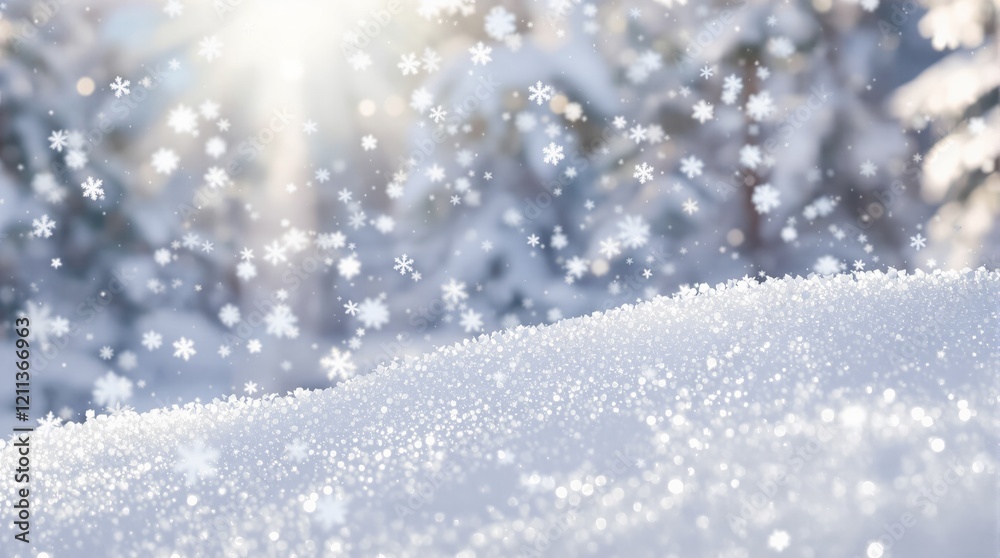 Sparkling snowflakes falling on a shimmering snow-covered surface, with a blurred forest background. Concept of winter beauty and serenity. Ai generative