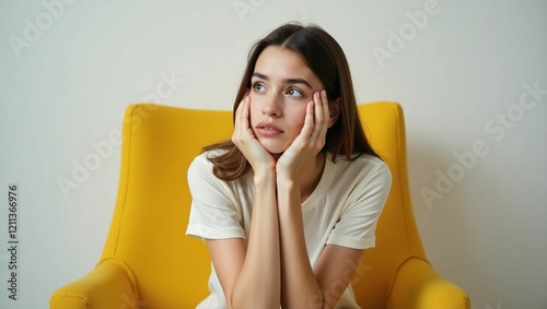 A pensive young Caucasian woman with a contemplative look