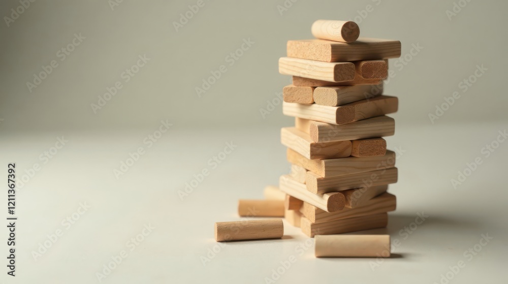 A precarious tower of wooden blocks, delicately balanced, suggests a challenge of strategy and risk management, requiring careful planning and precise execution to avoid collapse. A precarious tower of wooden blocks, delicately balanced, suggests a challenge of strategy and risk management, requiring careful planning and precise execution to avoid collapse.