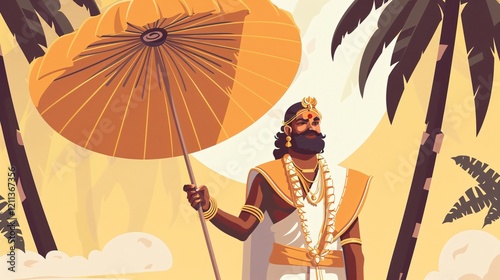Mahabali Kerala Old King with Umbrella Flat Vector Illustration