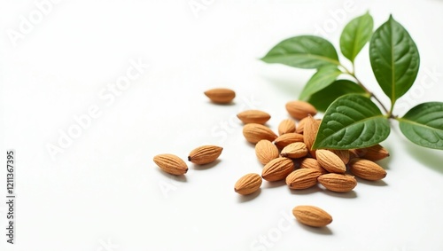 A minimalistic and clean arrangement of almonds in their shells with scattered green leaves