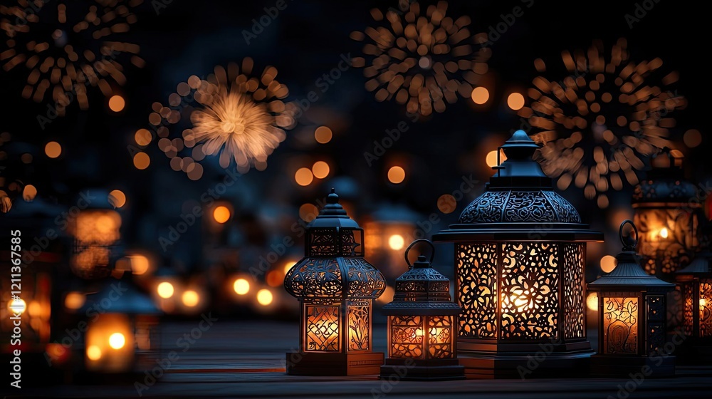 Chinese new year celebration idea. A collection of ornate lanterns glowing against a mesmerizing fireworks backdrop. Chinese new year celebration idea. A collection of ornate lanterns glowing against a mesmerizing fireworks backdrop.
