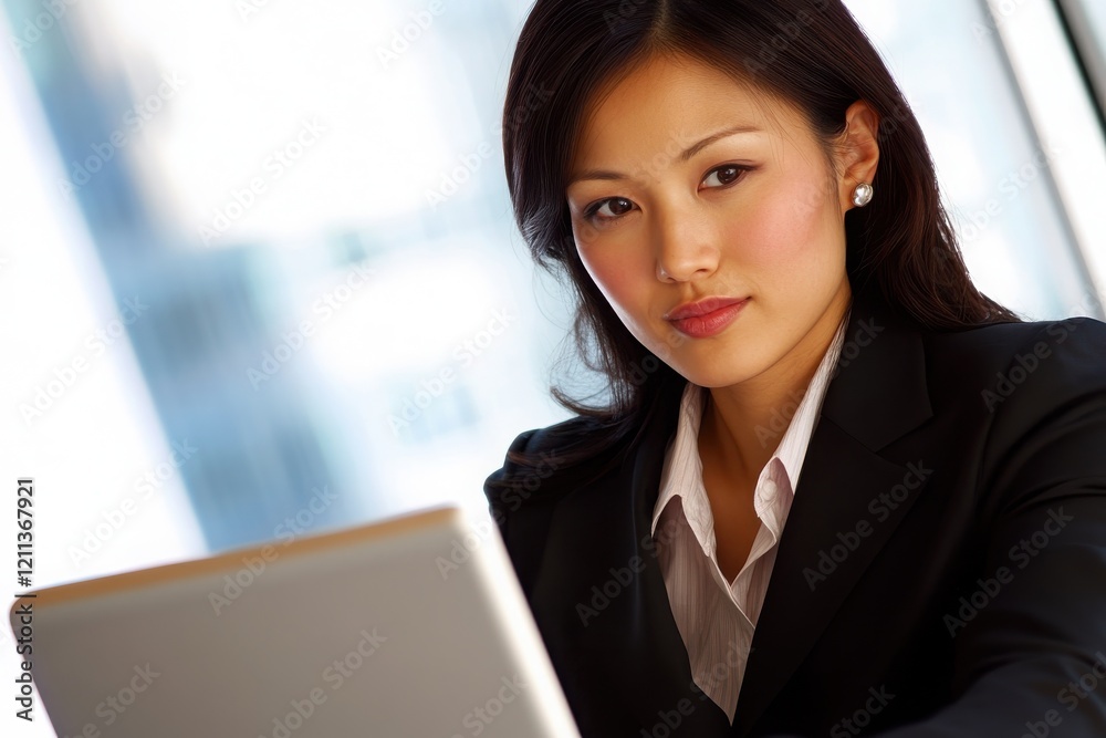 Asian business woman working on a laptop in a professional office Asian business woman working on a laptop in a professional office