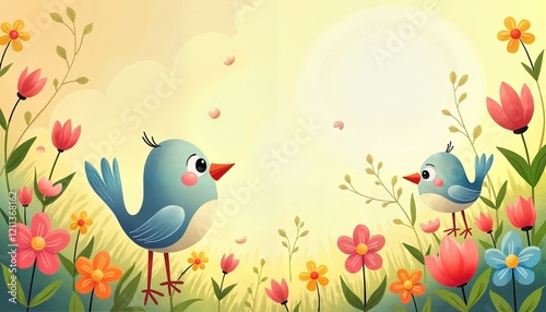 Two adorable blue birds in a vibrant flower-filled meadow with clear blue sky