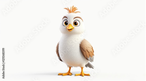 Cute animated bird with fluffy feathers, orange crest, and wide eyes in a minimalistic style on a white background. Concept of innocence and joy. Ai generative