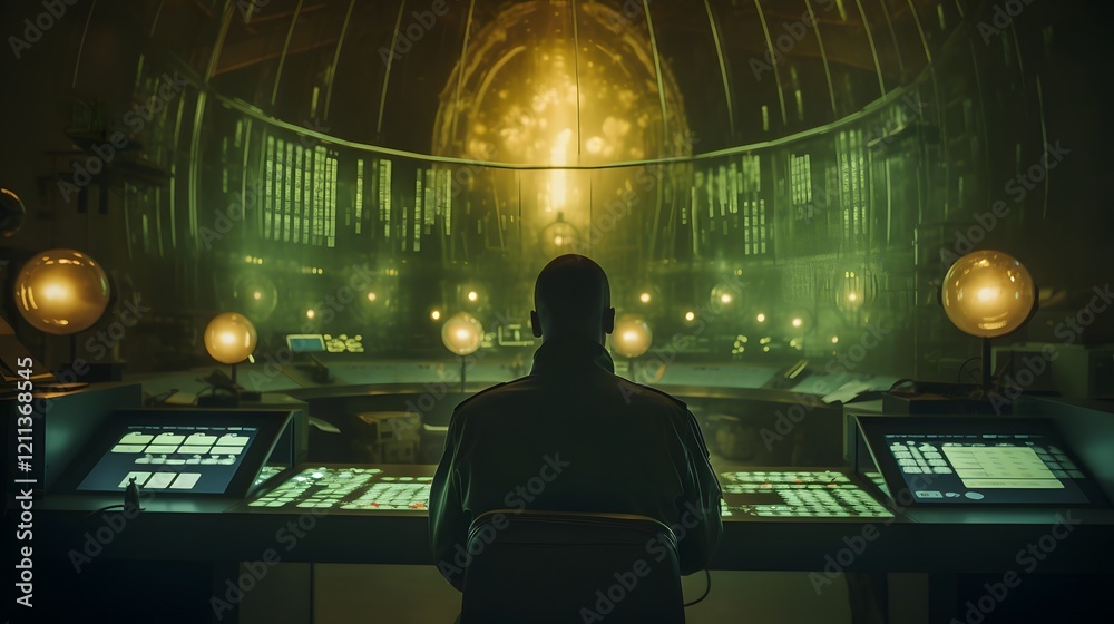 Obraz premium Technician in Uniform Monitoring Radiation Levels and Data Displays in the Control Room of a Nuclear Power Plant Facility
