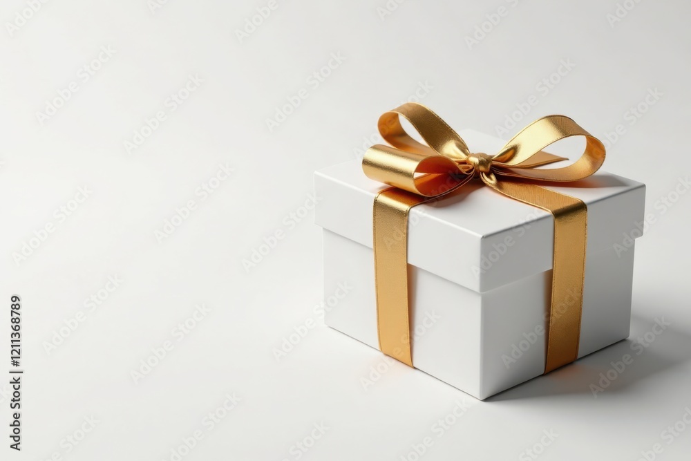A pristine white gift box adorned with a luxurious gold ribbon, symbolizing elegance and celebratory occasions. A pristine white gift box adorned with a luxurious gold ribbon, symbolizing elegance and celebratory occasions.